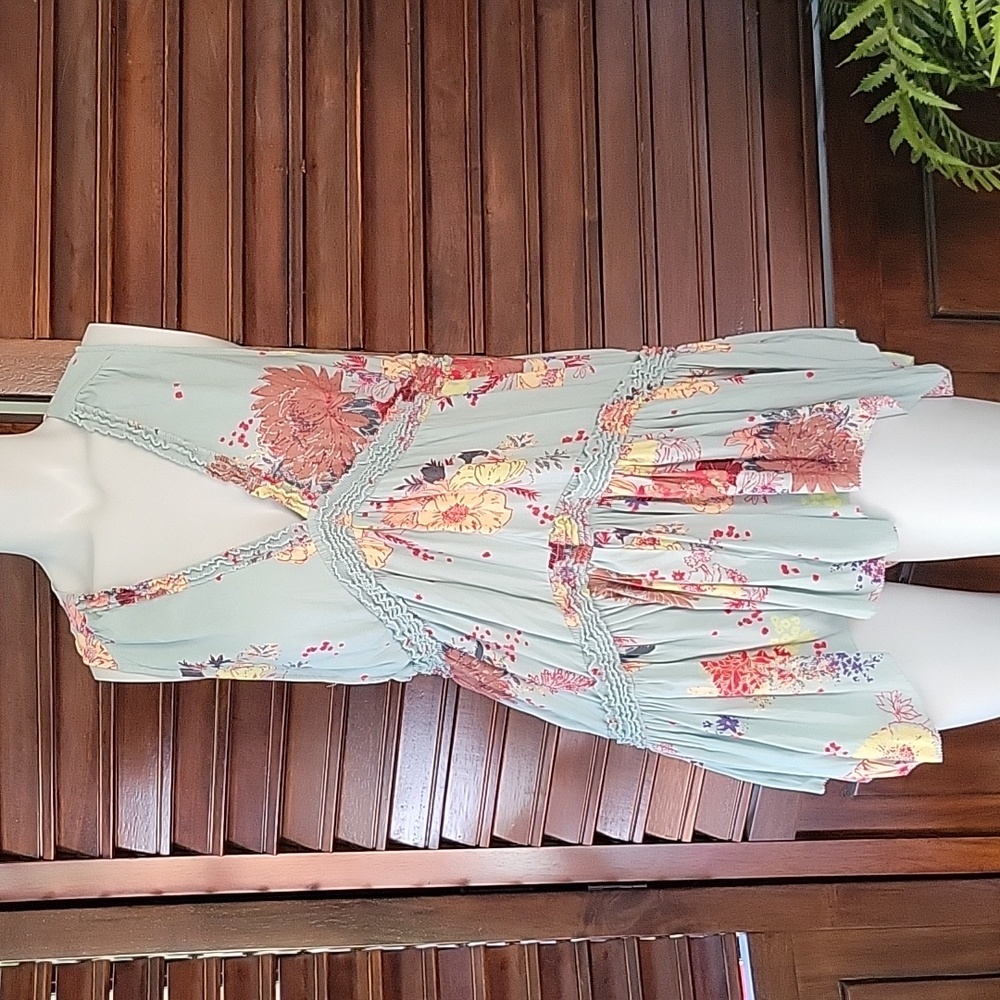 Free People Floral Babydoll V-Neck Blouse Sleeveless Flowy Ruffle Top Cottage Sm